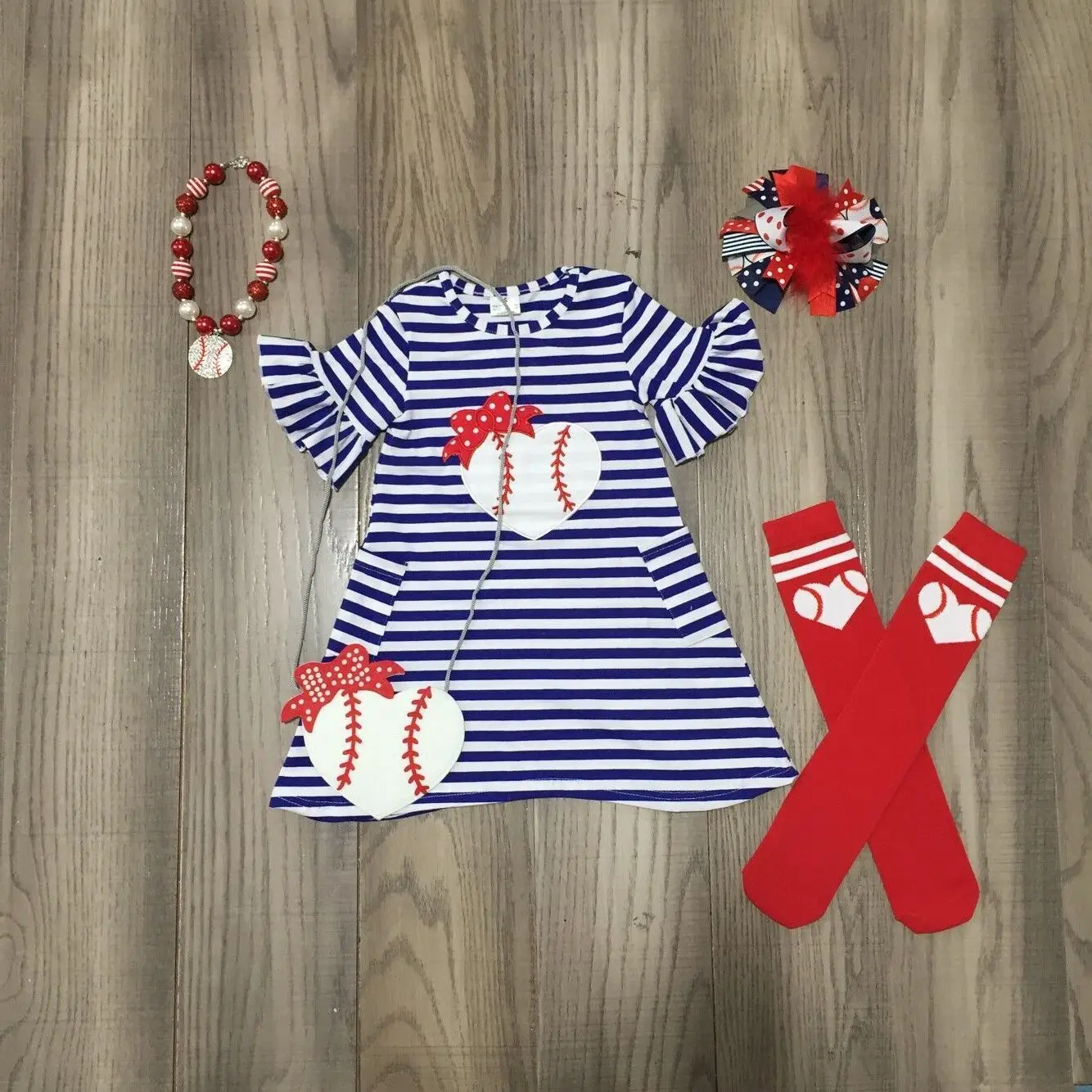 

Summer Girl Stripe Blue Short Sleeve Baseball Print Dress with Sock, Purse, Bow