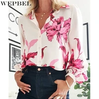 wepbel fashion lantern sleeve shirt womens casual loose floral print shirt autumn single breasted turn down collar shirt