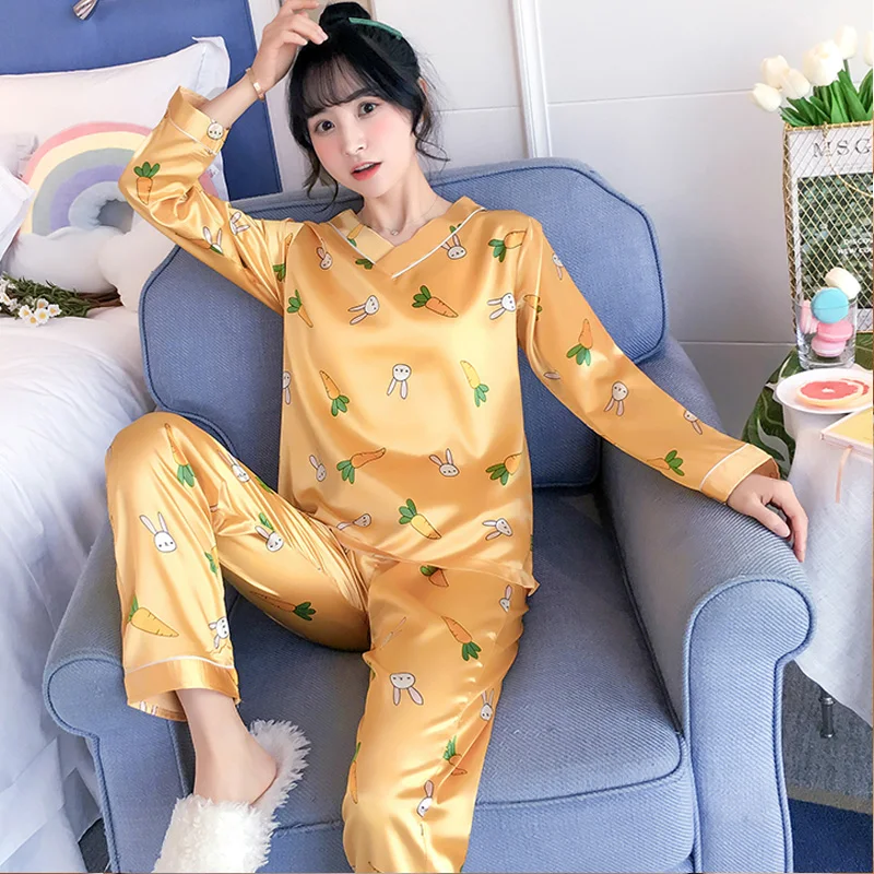 Осенняя Шелковая пижама с длинным рукавом для женщин pijama mujer, милый пижамный комплект с мультяшным принтом, домашняя одежда, длинные штаны, сексуальные пижамы