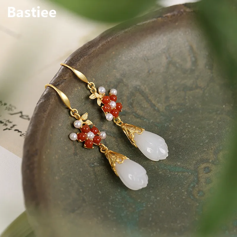 

Bastiee 925 Sterling Silver Luxury Earrings For Women Drop Dangle Jewelry Gold Plated Jade Red Agate Pearl Magnolia Flower