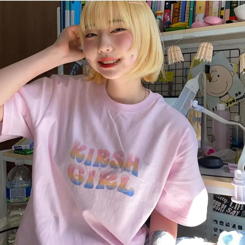 

Cotton Hip-hop Girl Blouse Round Neck Short-sleeved Summer 2021 New Trend Loose Oversize Net Red Pink Cute Sweet Fashion Simple