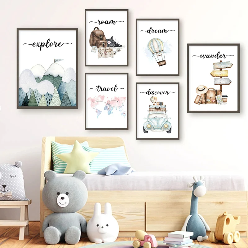 

Cartoon Travel Bag Car World Map Canvas Painting Nordic Explore Mountain Posters and Prints for Kids Room Wall Art Picture Decor
