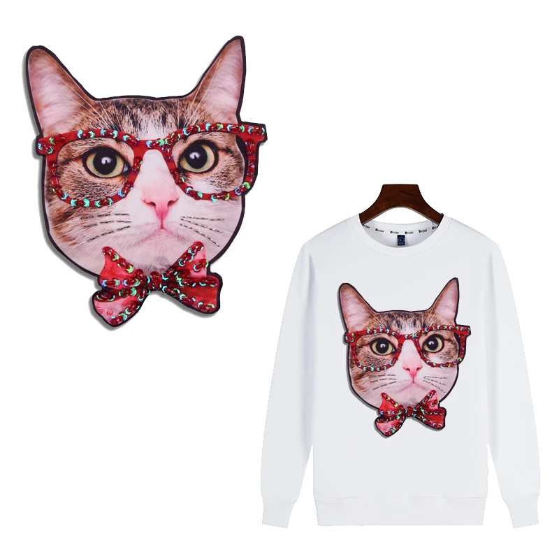 

Cartoon Printing Beaded Cat Patches for Clothing Badge Iron on Sequin Patches Stripe Stickers on Clothes Embroidered Patches G