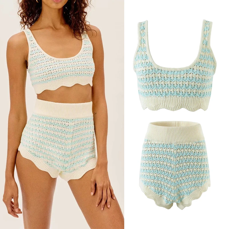 PPYQYKX Za костюм 2021 женский модный полосатый бодикон летний костюм шорты с высокой талией ретро Дамский повседневный костюм