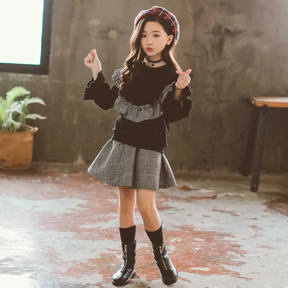 Детская одежда для девочек Толстовка + юбка 2 шт. Лоскутная клетчатая Одежда