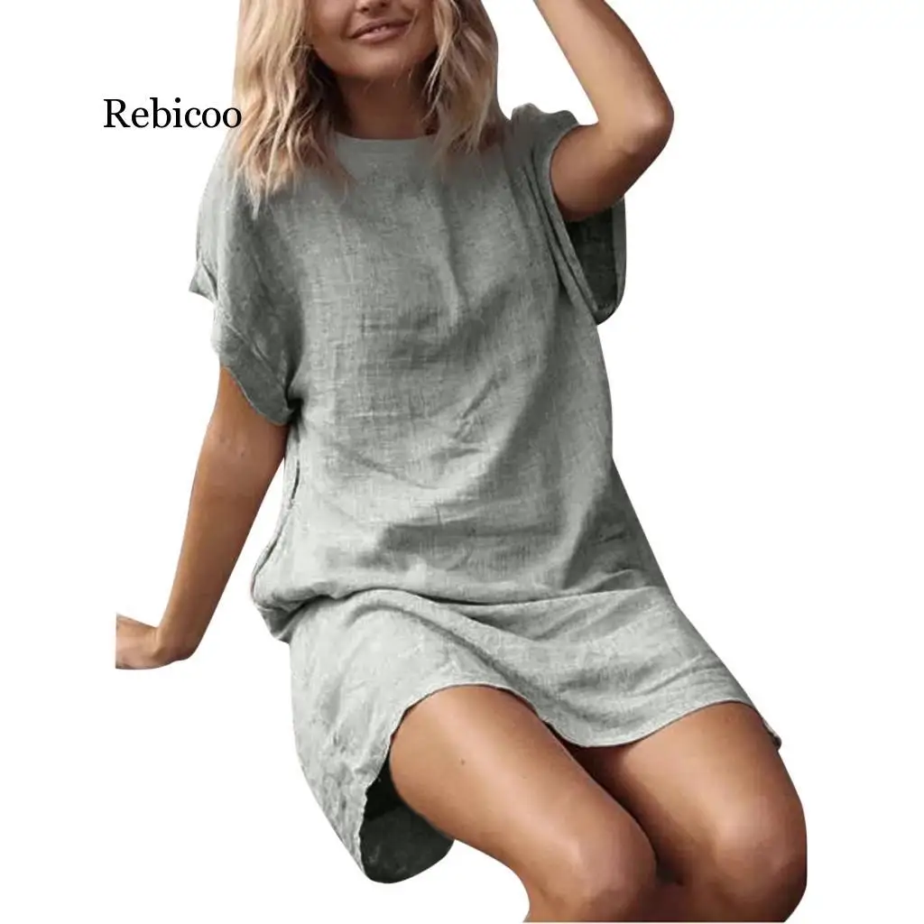 Женское платье с коротким рукавом повседневное однотонное льняное вырезом