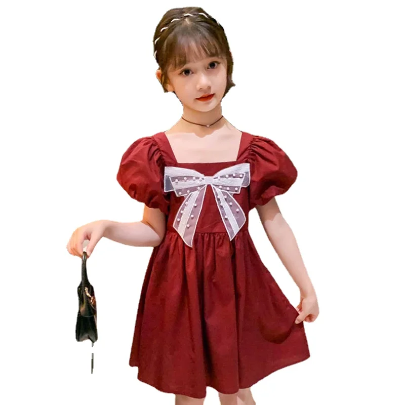 

Girls Casual Dress 2022 Trends Red Blue Bow Beaded Puff Sleeve Children Clothes Teenage Princess Party Wedding Dresses