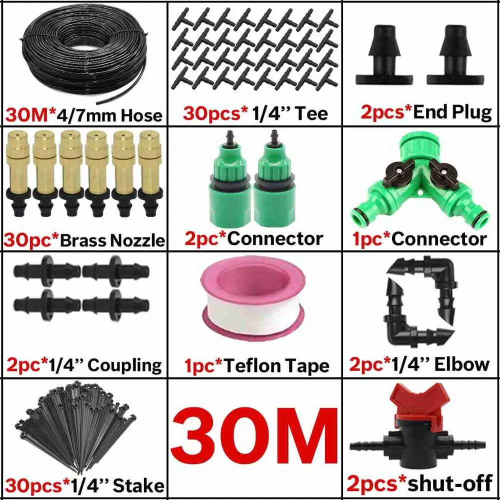 30M Automatic Garden Watering Atomize Spray Misting System Watering Kit Micro Drip Irrigation Adjustable Brass Nozzle Greenhouse - Цвет: KSL01-KIT062-30M