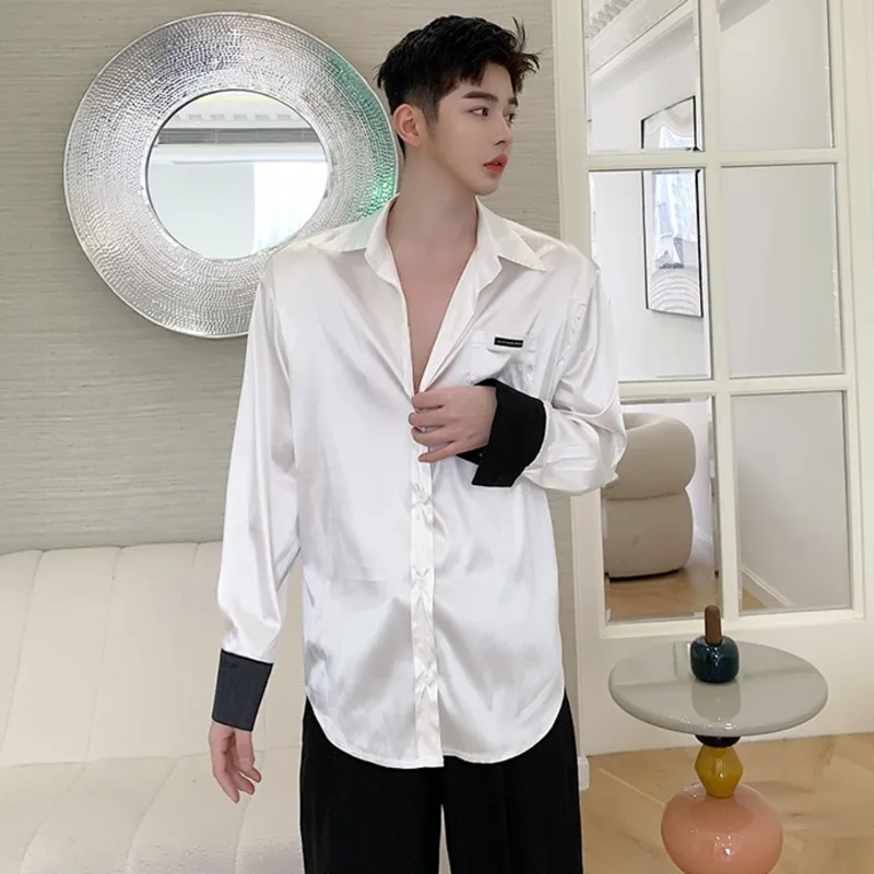 

IEFB 2021 Spring New Ribbon Tie Satin White Shirt Men's Casual Long Sleeve Top Korean Trend Lapel Single Breated Shirt 9Y7518