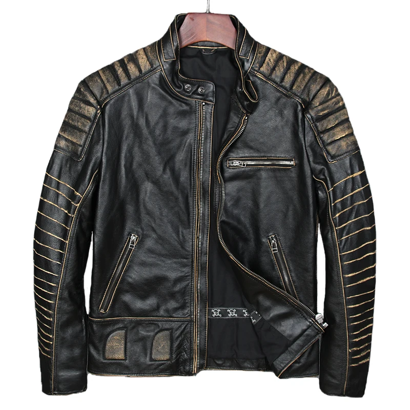 

Nice Shipping Man Vintage Leather Motorcycle Jacket Cow Leather Plus Size Motorcycle Leather Coat