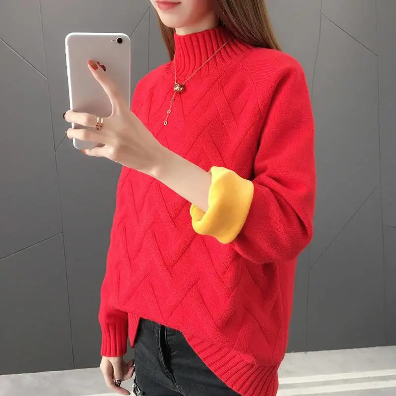 2020 New Winter Women Korean Loose Plus Velvet Knit Pullovers Sweater Female Turtleneck Thicken Fleece Bottom Knitwear Tops X51 | Женская