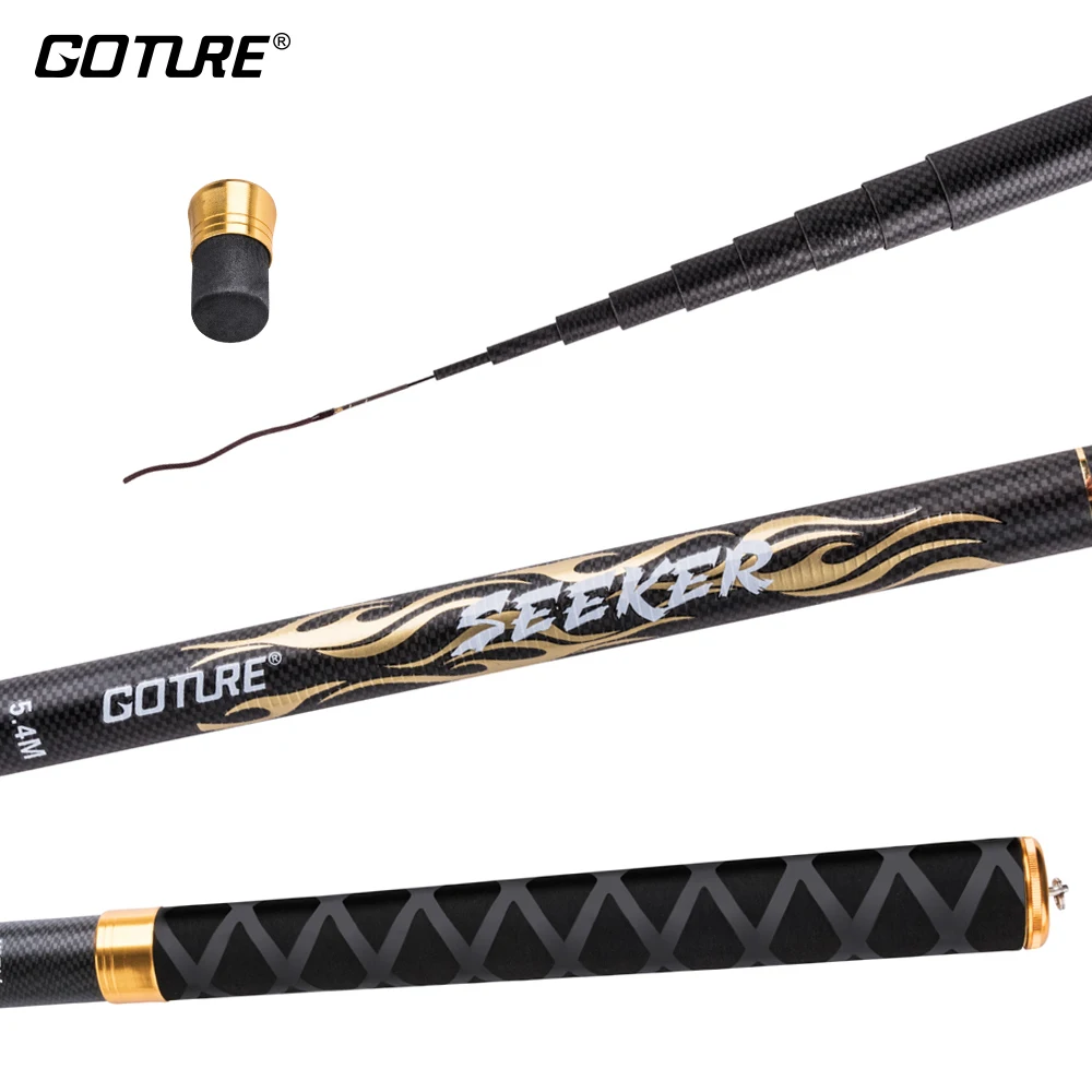 

Goture SEEKER Telescopic Stream Fishing Pole 3.6m 4.5m 5.4m 6.3m 7.2m Super Hard Carbon Carp Fishing Rod 2:8 Power with top tips
