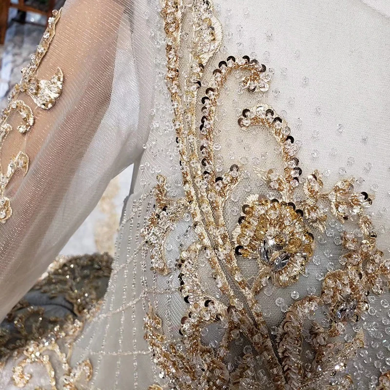 BGW 3513ht Luxury Ball Gown Ladies Evening Dresses For Special Occasions O-neck Long Sleeve Golden Lace Long Evening Gown Rochii