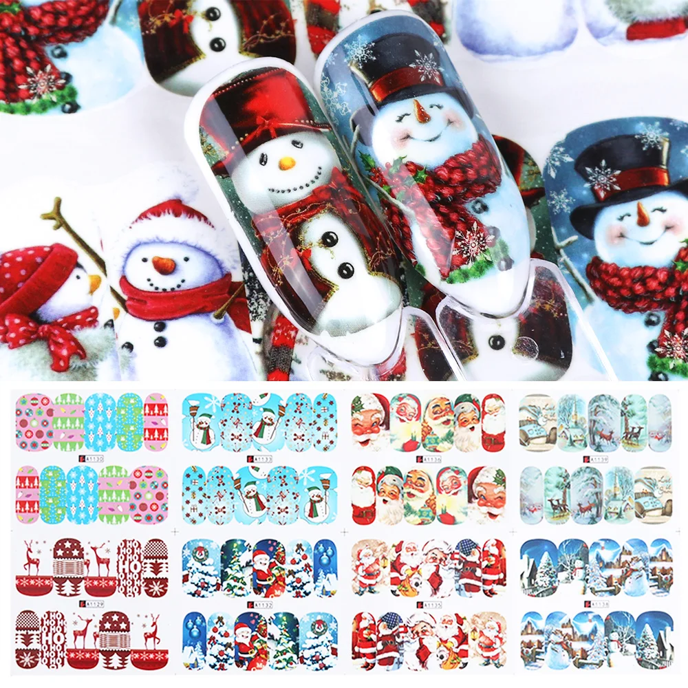 12 шт. рождественские наклейки для ногтей водные переводки Снеговик Санта Клаус