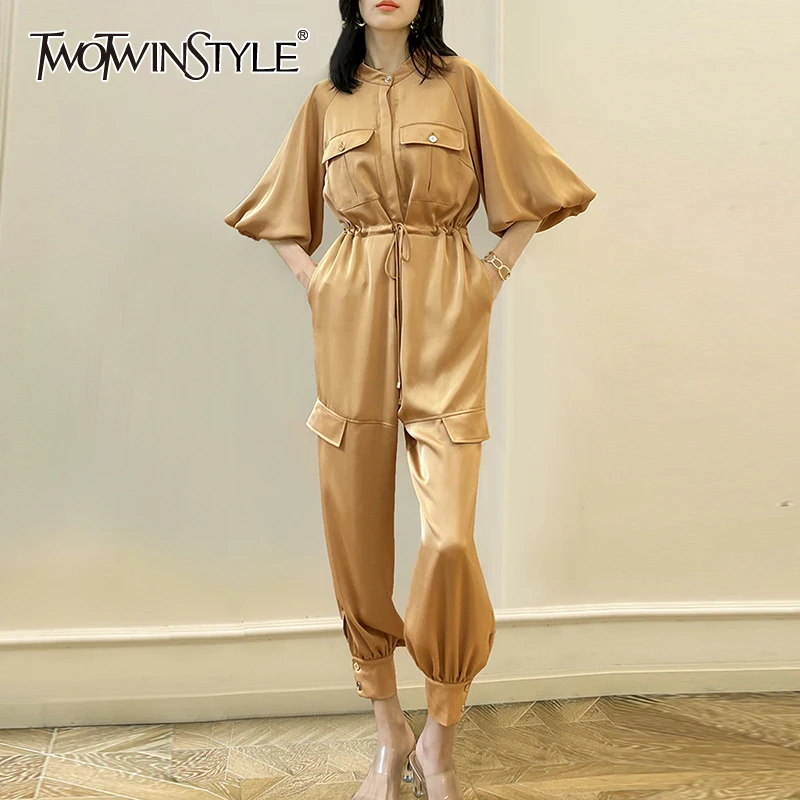 

TWOTWINSTYLE Patchwork Casual Overalls For Women Stand Collar Long Sleeve High Waist Solid Jumpsuits Females Summer New Clothing