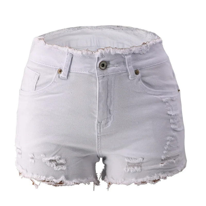 

Midi Elastic Denim Shorts For Women With Holes 2021Summer Ladies Skinny Pencil Pants Y2k Casual Tassels Hot Shorts Femme Jeans