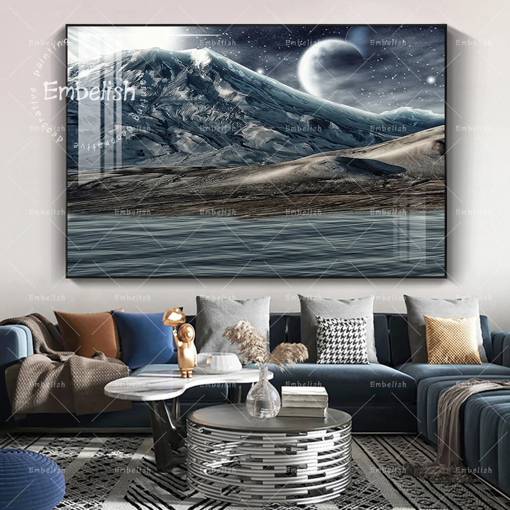 

1 Pieces Mountains And Moon Surreal Landscape Wall Art Pictures Modern Home Decor Posters For Living Room HD Canvas Paintings