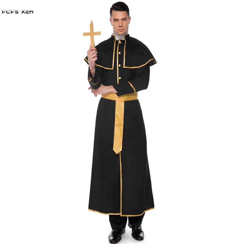 

M-XL Для мужчин на Хэллоуин, костюмы священника министра в Косплэй карнавальный костюм Purim парад Бал-маскарад платье для маскарада, вечеринки