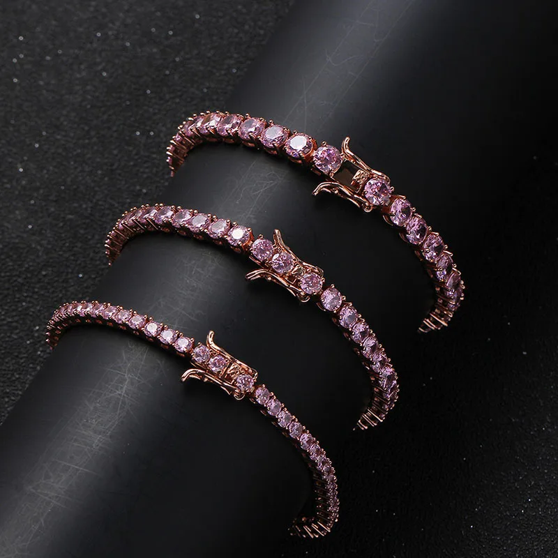 

3mm-5MM Hip Hop Bling Iced Out Pink Cubic Zirconia Tennis Chain Bracelets Women Men 1 Row CZ Link Chain Charm Jewelry