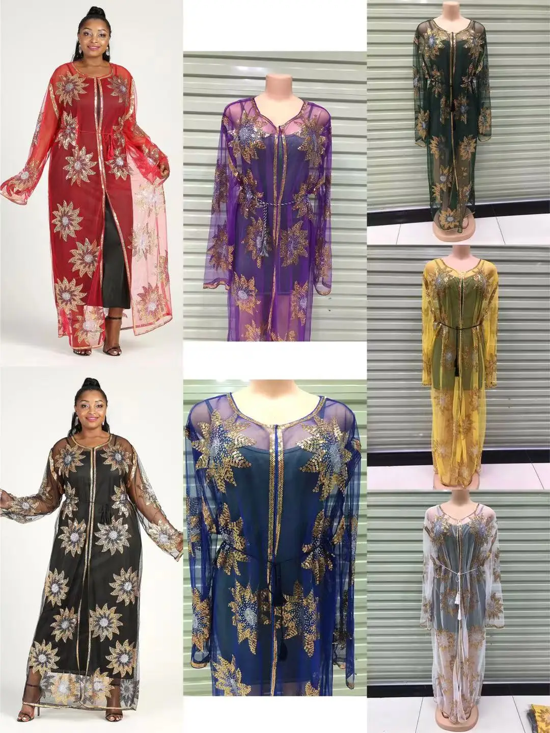 

Latest Style African Muslim Abaya Dress Kimono Women Dubai Open Chest Turkish sequins Chiffon Elegant Free Size
