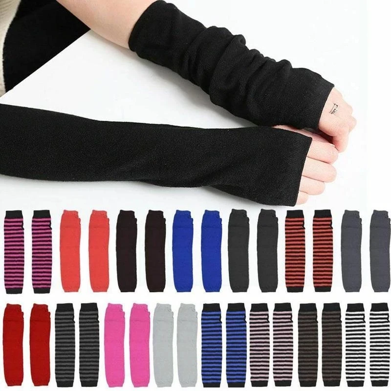 Women Long Sleeve Striped Fingerless Arm Warm Knitted Women's Wristband Solid Color Fashion Gloves Mittens Accessories