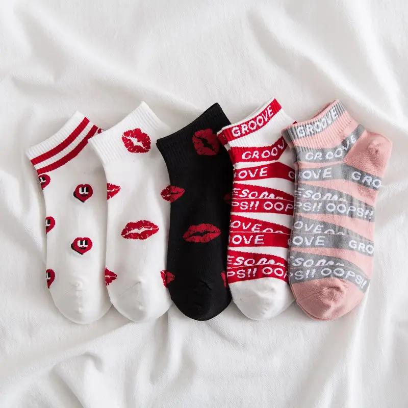 

harajuku korean Kawaii Women Socks Fashion unisex Red Heart Lip Print Pattern Letter Casual Ankle Funny Socks White Cotton