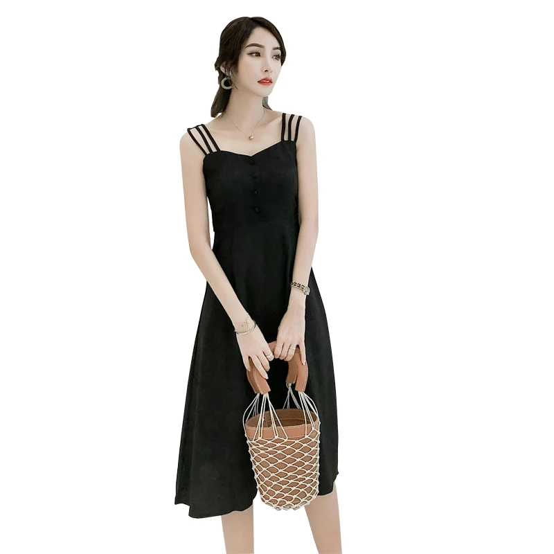 

COIGARSAM Vintage Women dress Spaghetti Strap Dresses Black 8063
