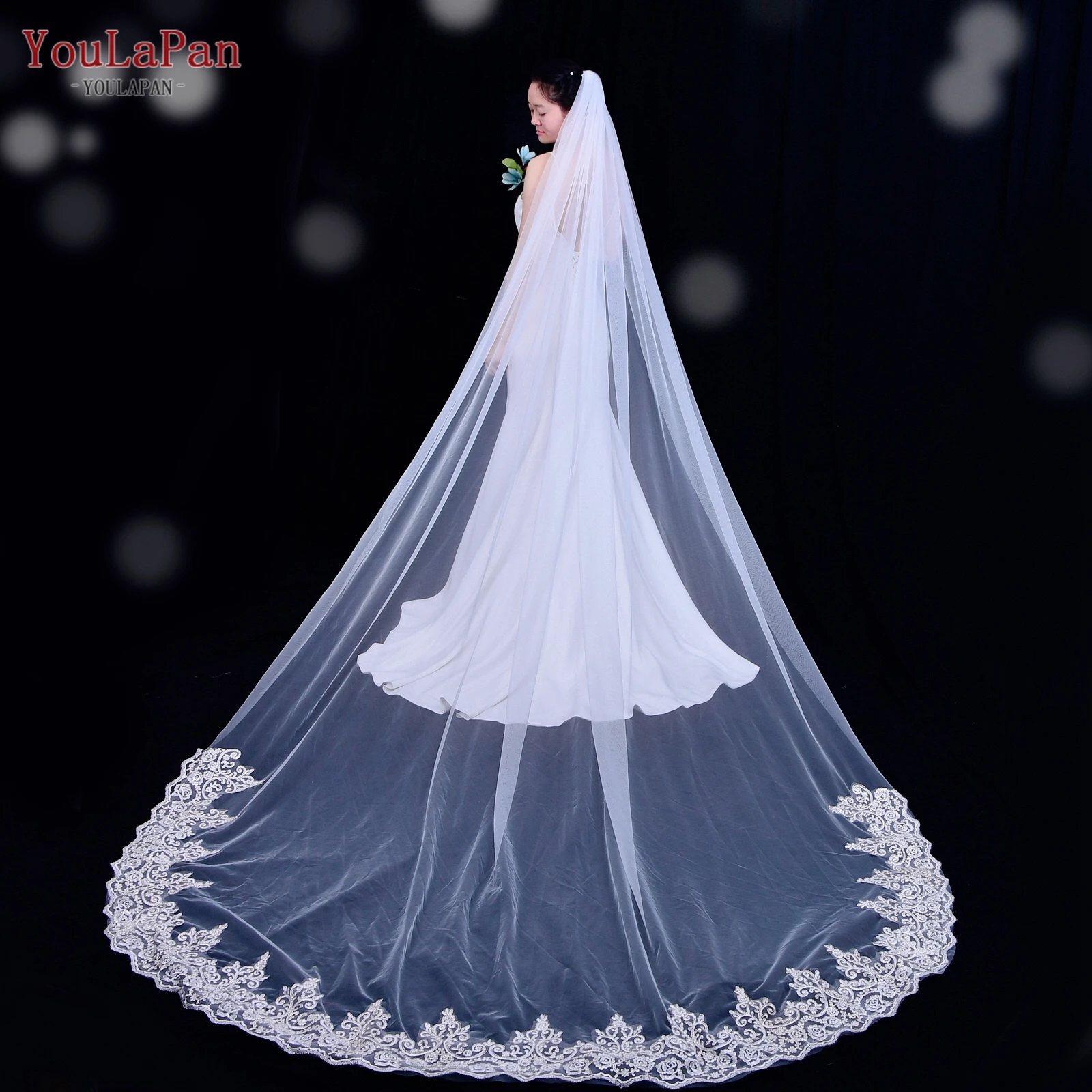 

YouLaPan V70 Luxury Wedding Veil 3 M Voile Lace Veil for Girls White Bridal Veil Trim Lace Applique Swiss Veil with Metal Comb