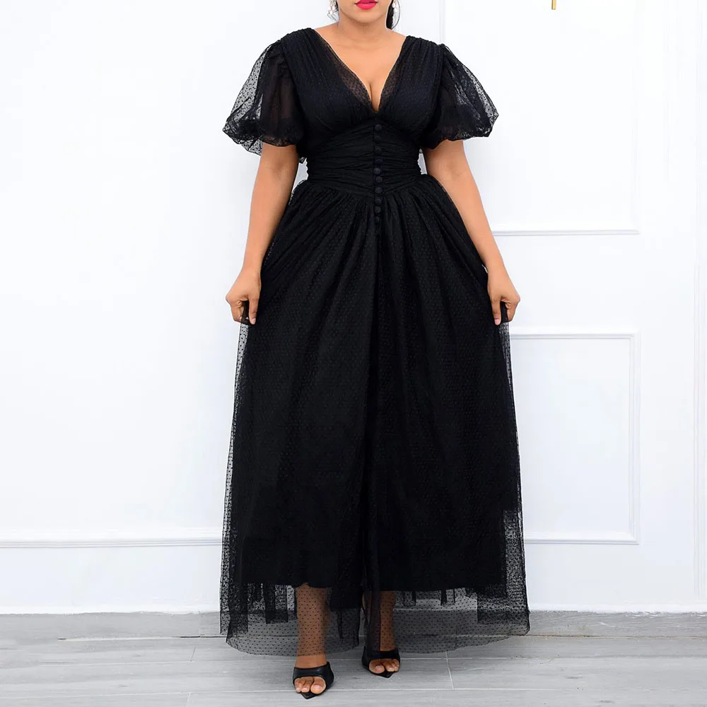 

New Women's Dresses Lace Summer 2021 High Waist Thin Solid Color V-neck Puff Sleeve Europe America Fashion Commute