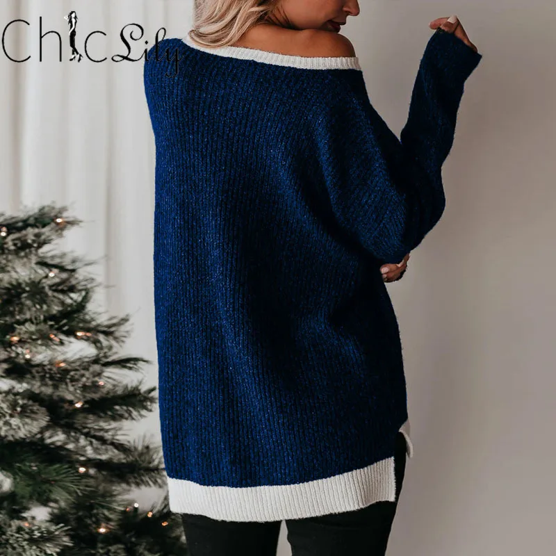 

Chiclily Contrast Color Crewneck Loose Sweater Long Sleeve Pullovers Autumn Winter Oversized Sweaters Women Knitted Tops