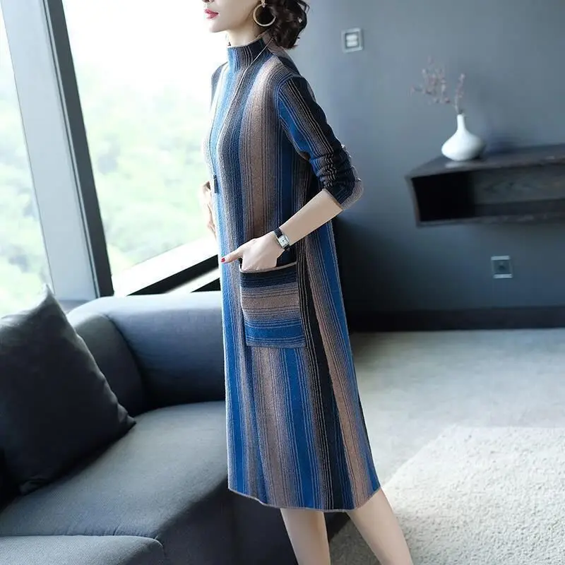 

Long-sleeved Knitted Dress Women Over The Knee Bottoming Spring and Autumnr New Mid-length High-neck Slim A-line Skirt