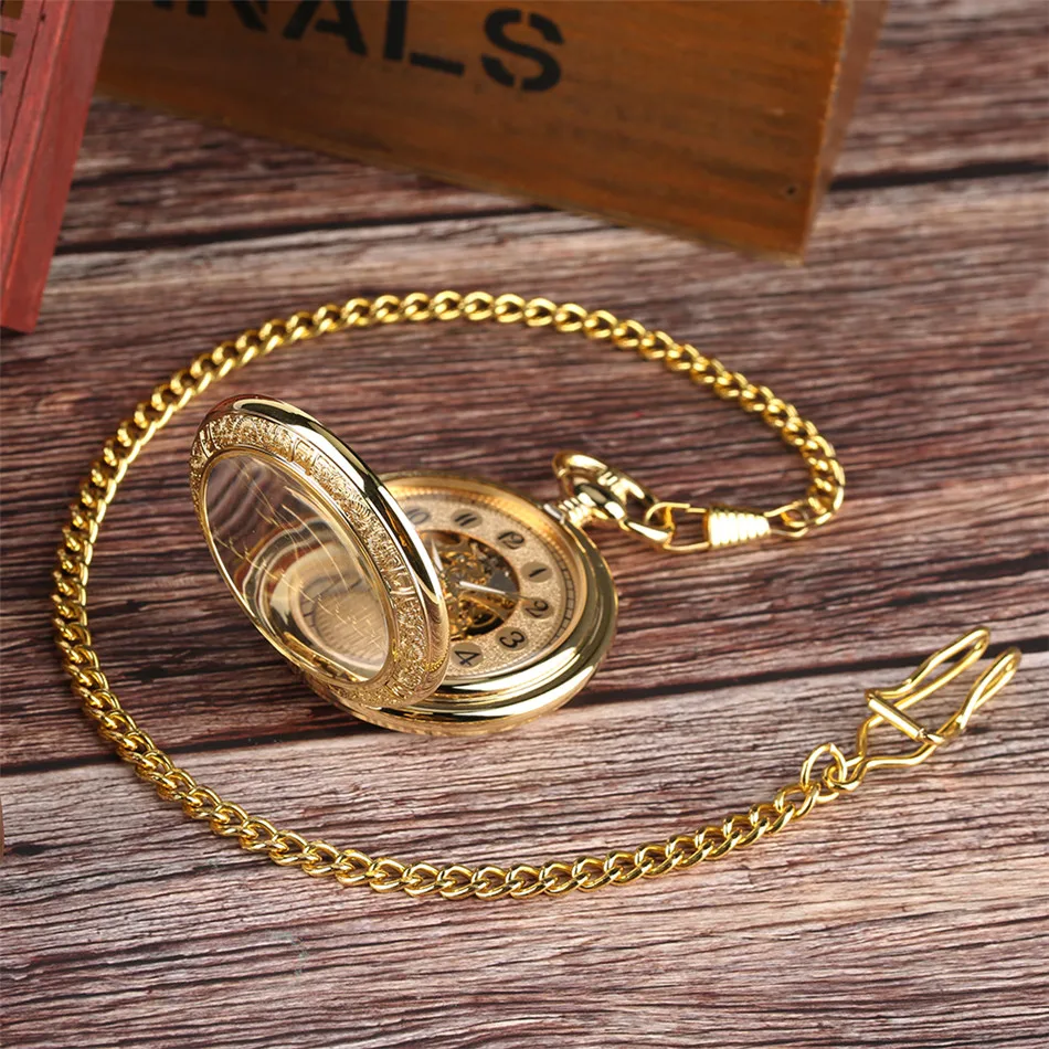 

Transparent Glass Gold Skeleton Mechanical Pocket Watch Hand Winding Pendant Manual Mechanism Antique Pocket Clock Retro Gift