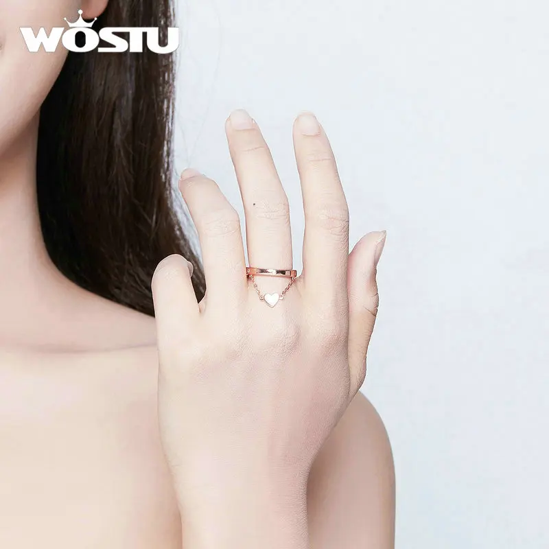 WOSTU 925 Sterling Silver Ring Heart Chain Wedding Rose Gold Adjustable Stackable Finger For Women Lover Luxury Jewelry DXR572 | Украшения
