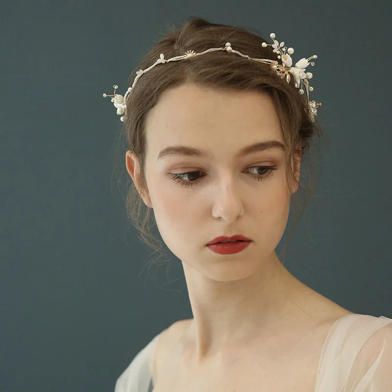 SLBRIDAL ручной работы кристалл Стразы Жемчуг керамический цветок свадебные