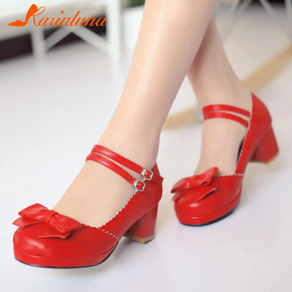 

Женские туфли с застежкой-бабочкой Karinluna, однотонные туфли-лодочки на массивном каблуке и платформе, с круглым носком, большой размер 33-43