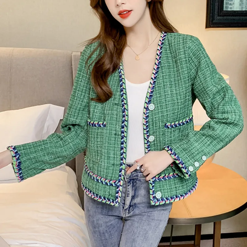 

Fashion Casual Autumn Winter Tweed Jacket Coat Elegant Women V Neck Single Breasted Green Weave Pocket Outwear Tops Veste Femme