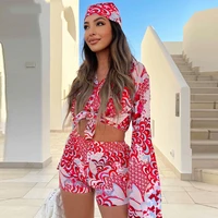 summer women red print long sleeve blouses top shirts and shorts set y2k casual loose three piece set party vacation outfits