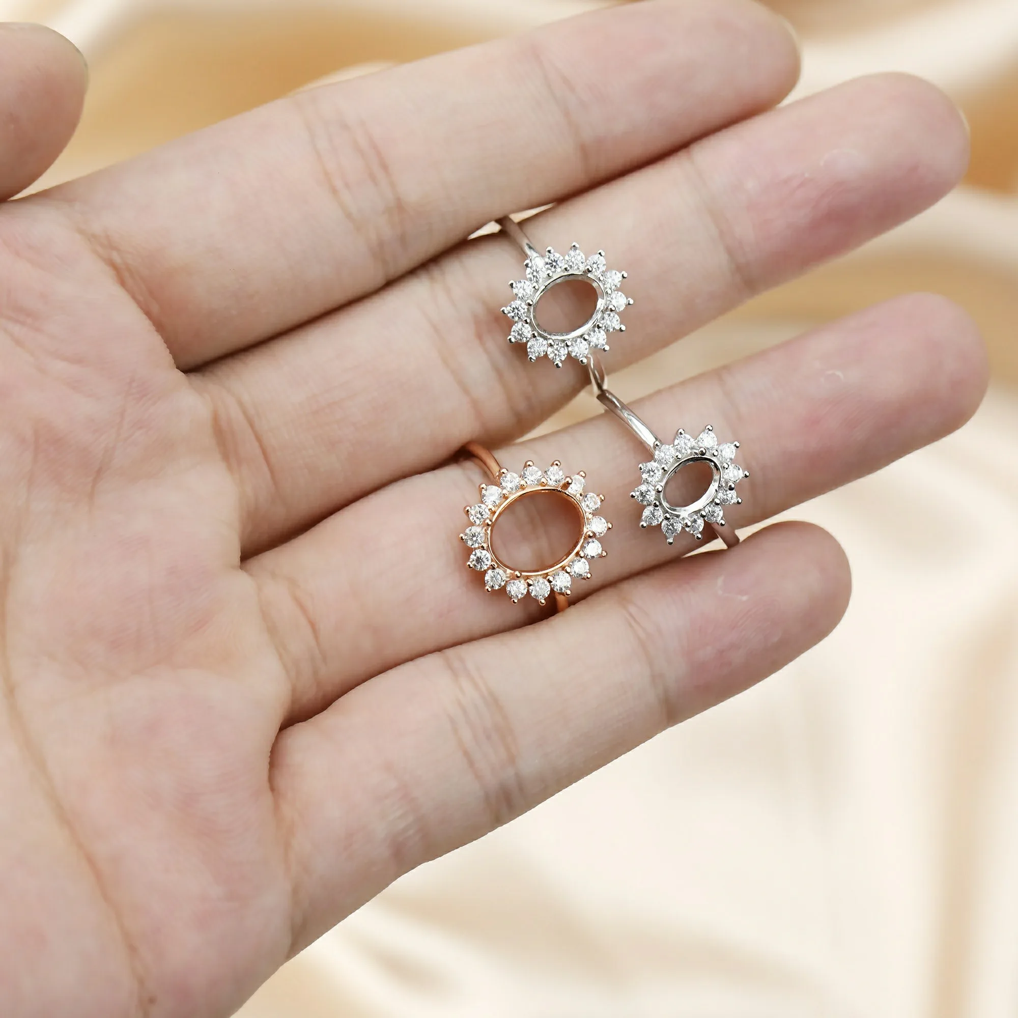 rose gold silver oval Gems CZ stone prong setting solid 925 sterling bezel tray DIY adjustable ring 1224004 | Украшения и