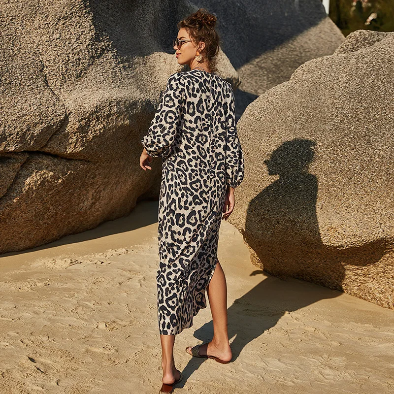 

Women Summer Long Beach Dress Casual Streetwear Female Robe Leopard Print V Neck Vestidos Women Vacation Dress