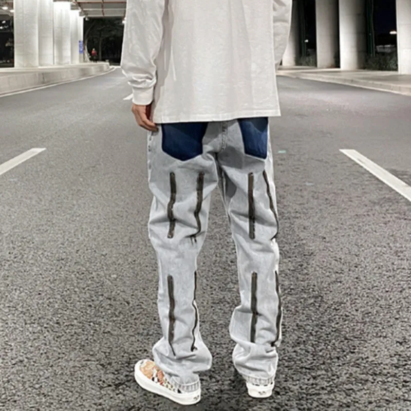 Джинсы мужские прямые на молнии сзади модные штаны с отверстиями для колен брюки