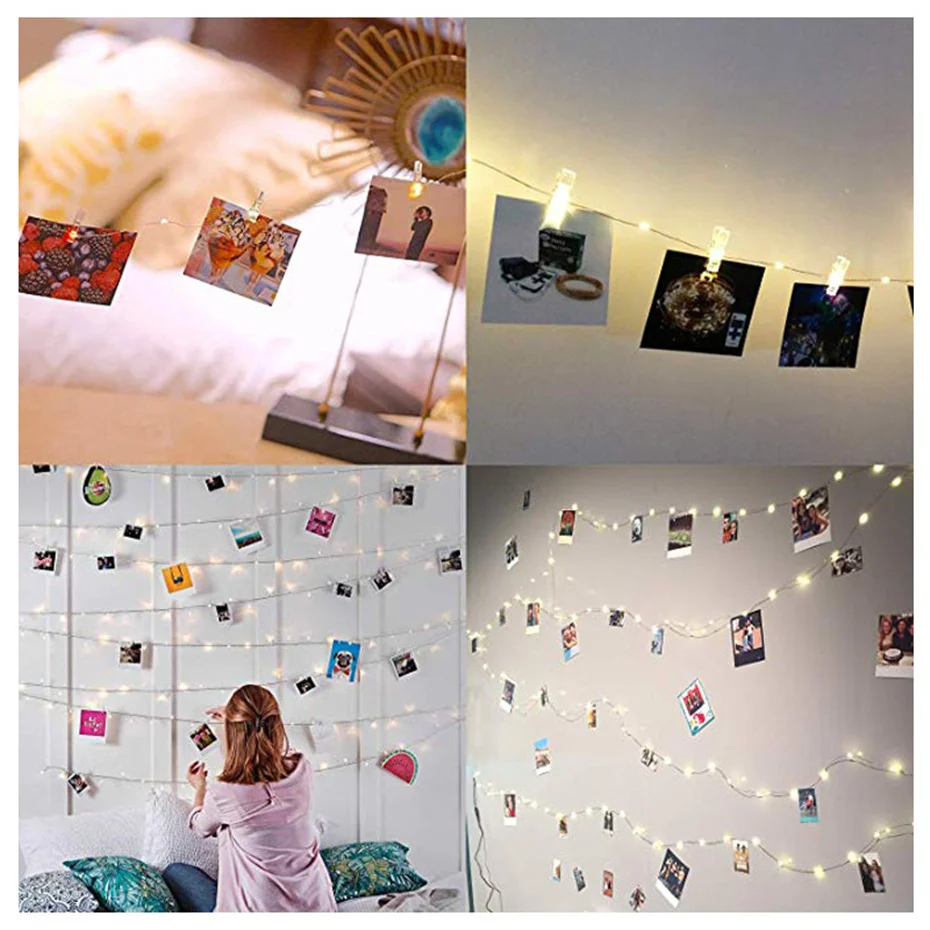 LED Garland With Clothespins Photo Holder Battery Power 5/10M Copper wire Fairy Light 20/50 clips Decoration For Christmas Party | Лампы и