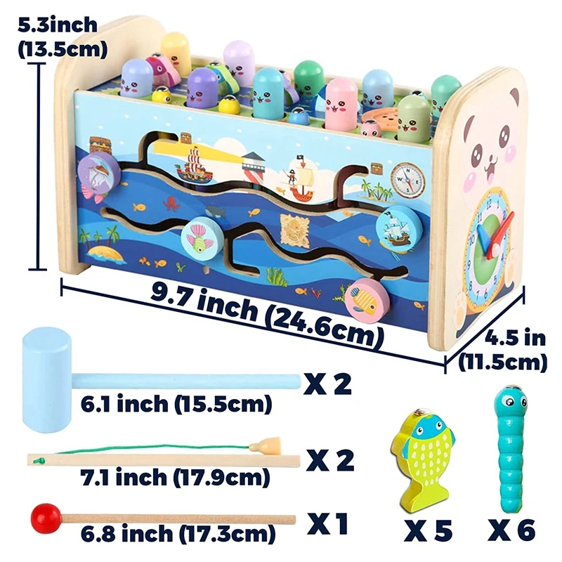 

Wooden Hammering Pounding Educational Toy with Fishing Game Xylophone Moving Gears Clock Fine Motor Skills Toys