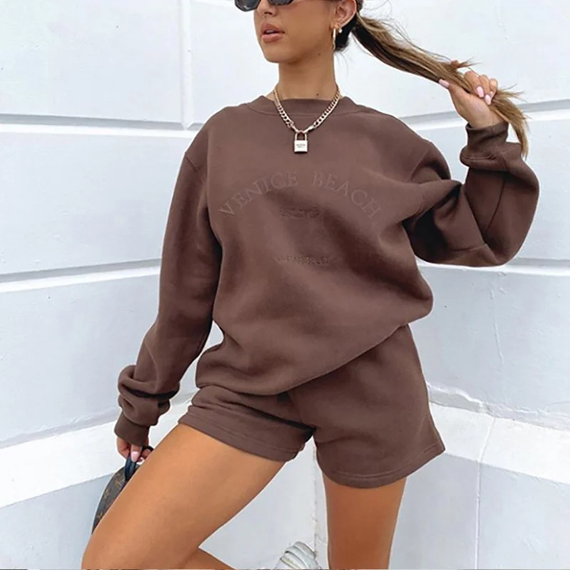 

Letter Print Women 2 Piece Set Long Sleeve Sweatshirt Sweatshorts Loose Casual Tracksuit Loungewear Autumn Winter