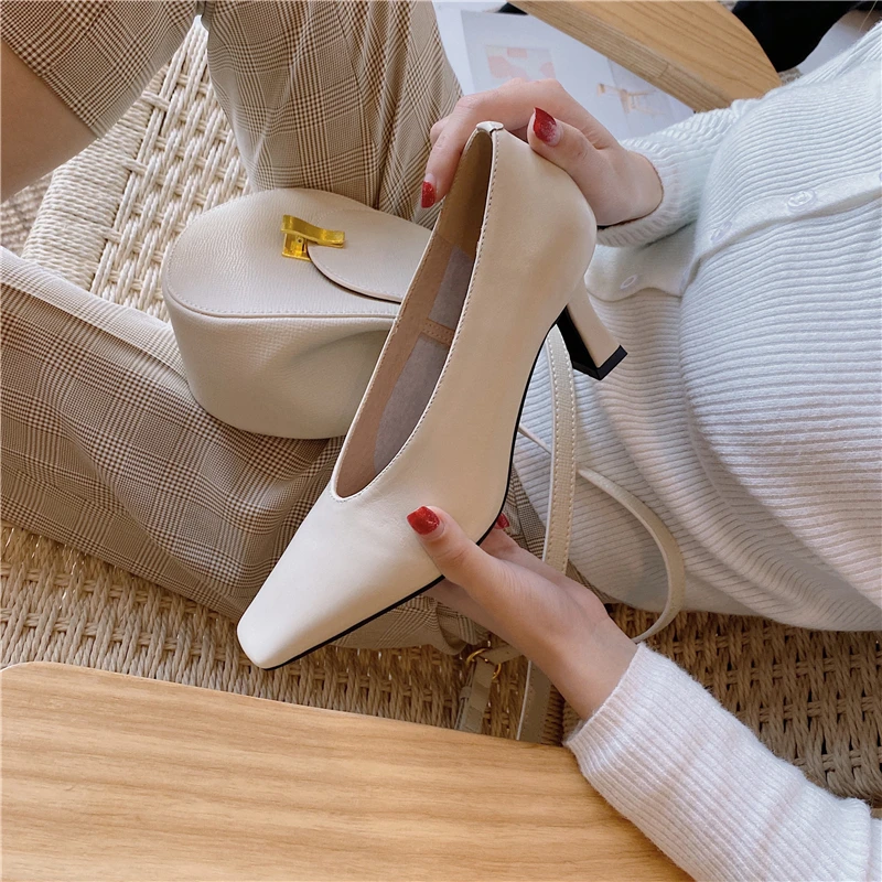 

Elegant Party Office Shoes Woman Concise Pumps Women Shallow square Toe High Heels Pumps Genuine Leather Spring Autumn shoes
