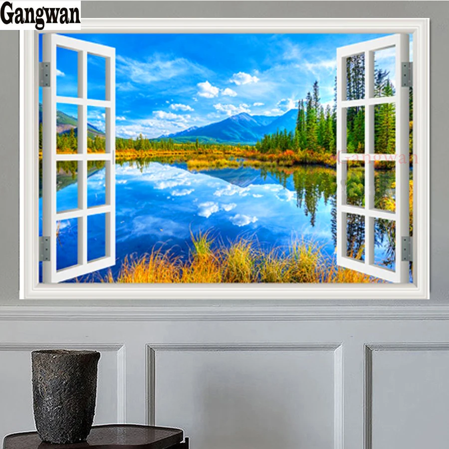 

5D DIY Diamond Painting blue lake of window Full Square round Drill Diamond Mosaic natural Scenery diamond Embroidery sale Decor