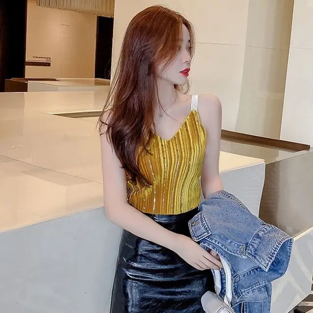 2020 Женская майка с блестками блестящие майки на бретельках женская сексуальная