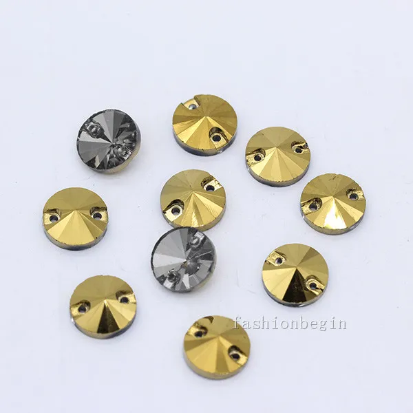 gold plated 48p 12 мм Ассорти стеклянный камень Круглый Rivoli пришивные стразы с плоской задней частью с кристаллами ювелирные изделия с 2 отверстиями для швейных бусин - Цвет: gold plated