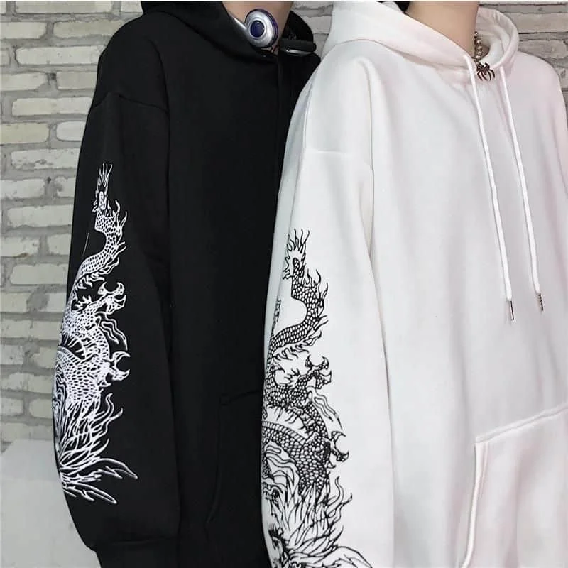 

Sweatshirts Couple Hoods Autumn Winter Vintage Hong Kong Dragon Print Trend Loose Student Plush Coats For Men And Women
