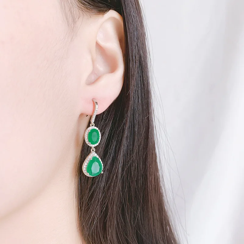 

ANZIW Sterling Silver 8*10mm Oval Cut&Pear Cut Green Lab Created Emerald Vintage Classic Hook Earring for Women Jewelry Gifts