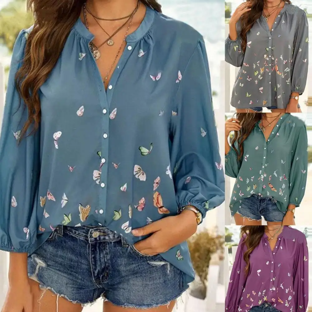 

Женские для отдыха футболка с короткими рукавами с принтом «бабочка» с длинными рукавами и v-образной горловиной Повседневная Свободная Же...